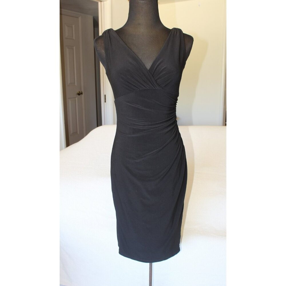 Lauren Ralph Lauren Black Jersey Dress Size 2P Stretch V neckline Gather Waist